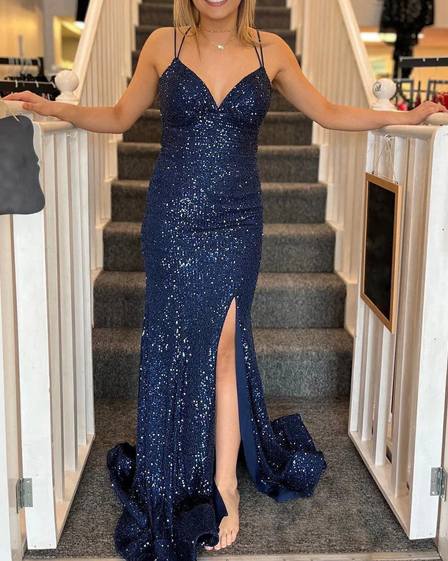 Classic Mermaid Spaghetti Strap Corset Floor-Length Prom Dresses with Sequin