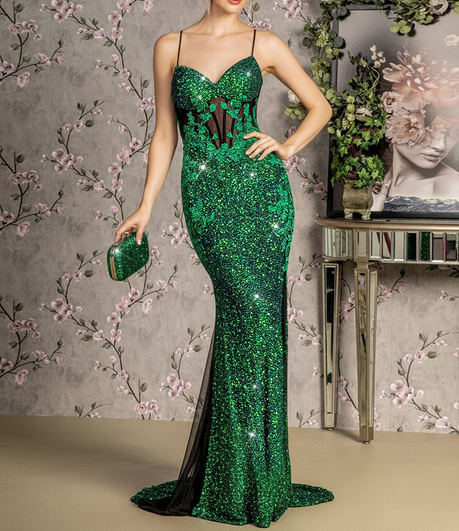 Mermaid Spaghetti Strap Sparkly Floor-Length Prom Dresses with Sequin