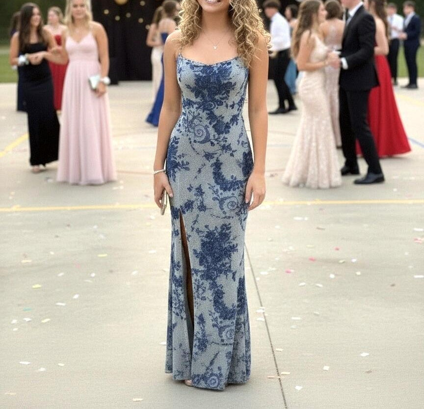 Floral Sequin Mermaid Round Neck Maxi Formal Prom Dresses