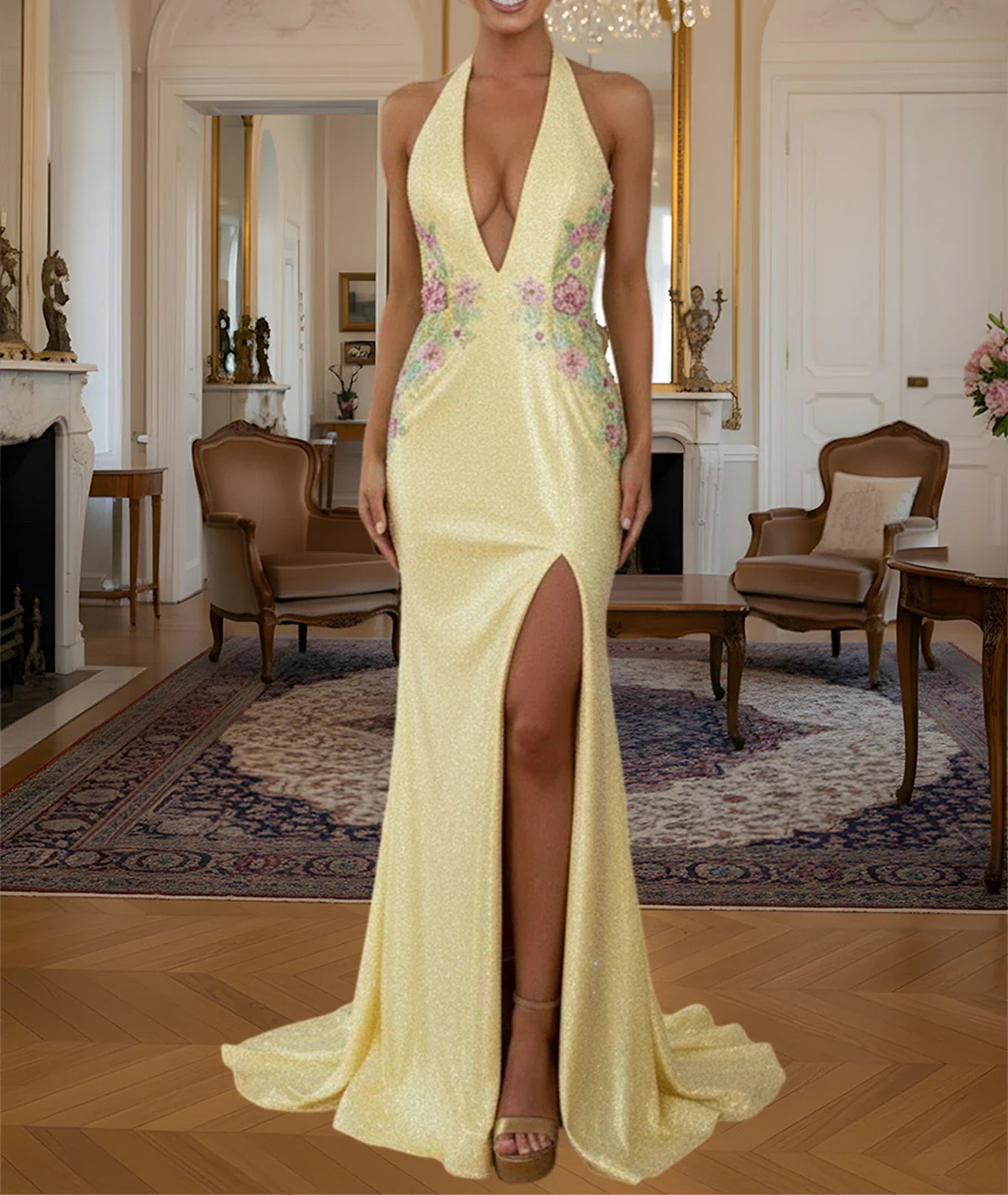 Mermaid Deep V Neck Halter Floor Length Prom Dresses with Flower Sequin