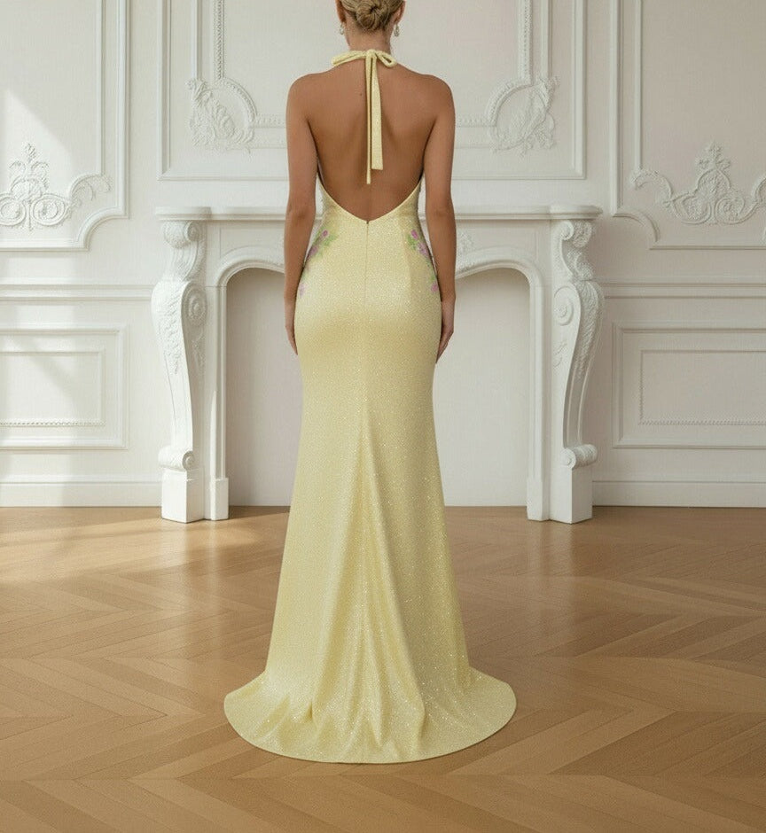 Mermaid Deep V Neck Halter Floor Length Prom Dresses with Flower Sequin