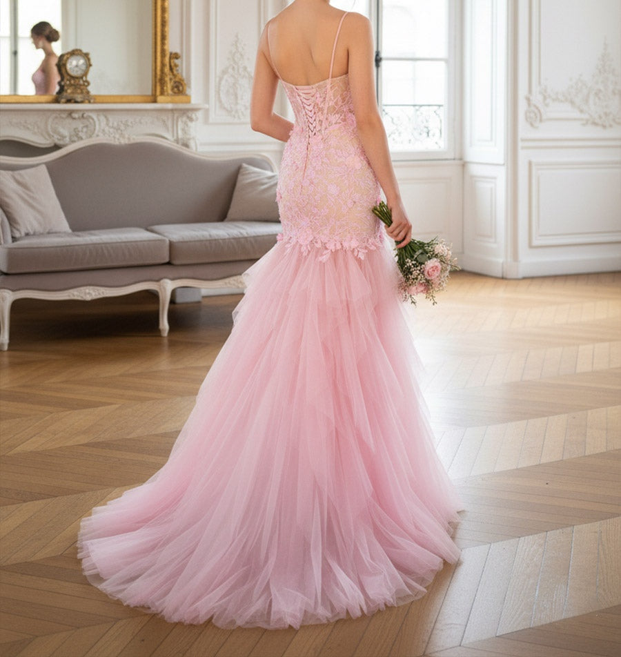 Mermaid Drop Waist Ruffle Tiered Spaghetti Strap Floor Length Prom Dresses with Applique