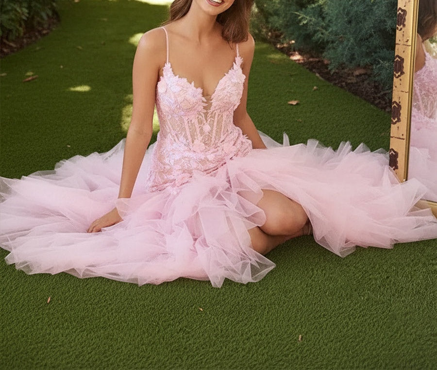 Mermaid Drop Waist Ruffle Tiered Spaghetti Strap Floor Length Prom Dresses with Applique