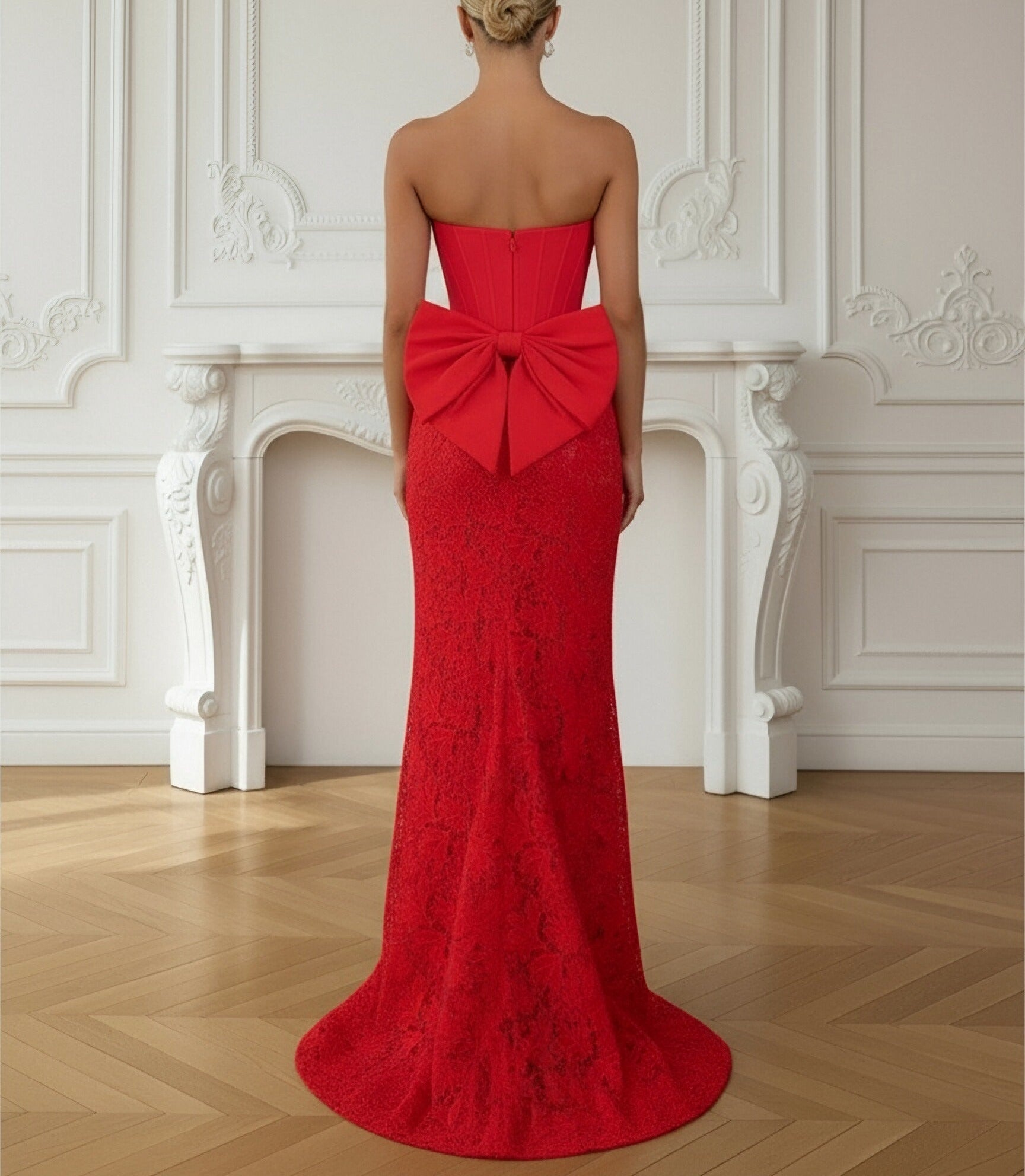 Mermaid Vintage Lace Strapless Split Floor Length Prom Dresses with Back Bow