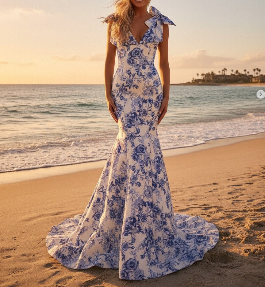Mermaid/Trumpet Strapless Print Flower Floor Length Prom Dresses with Bows