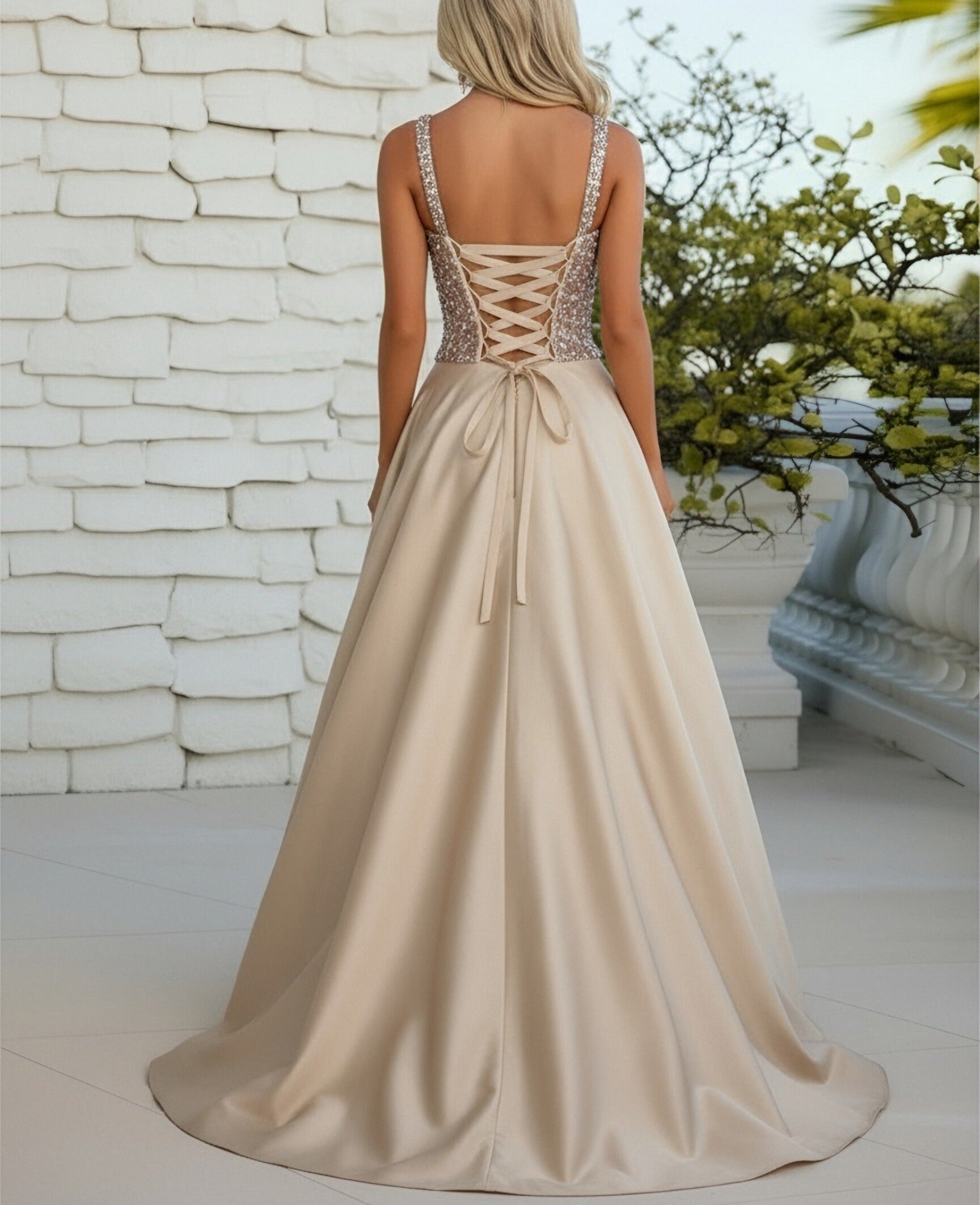 A-Line/Princess Square Neck Glitter Floor Length Prom Dresses with Sequin