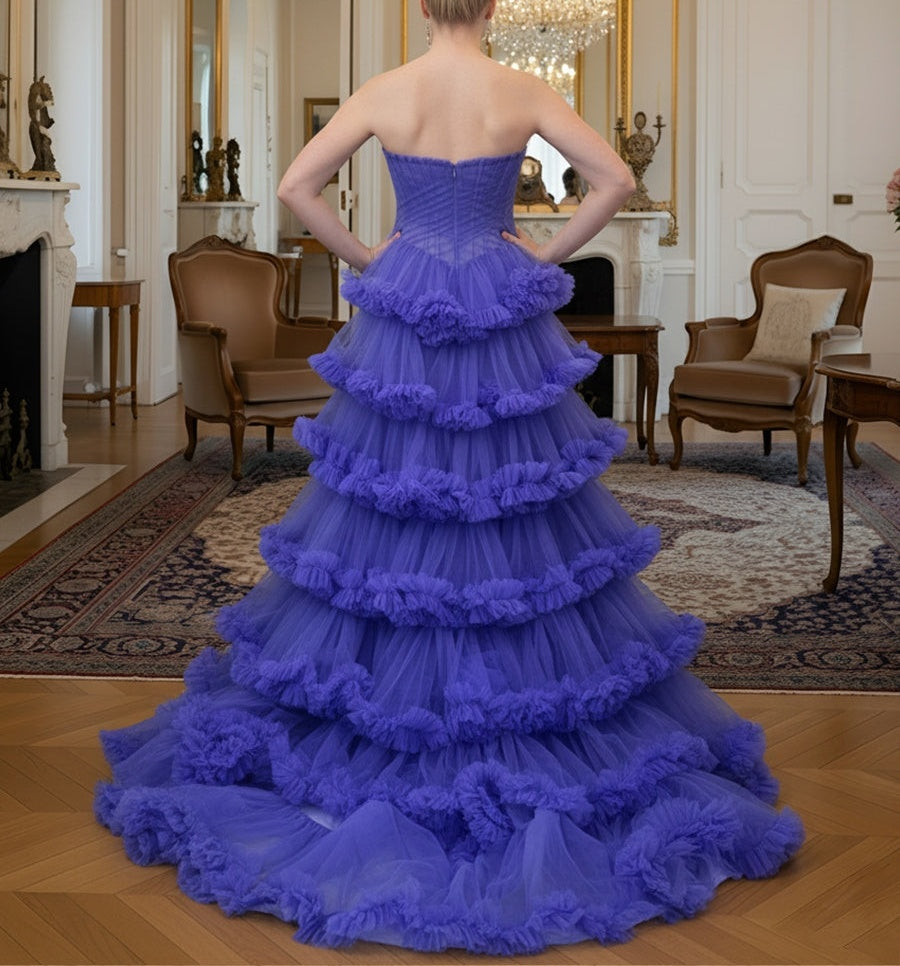 A-Line/Princess Tiered Tulle Floor-Length Prom Dresses with Train