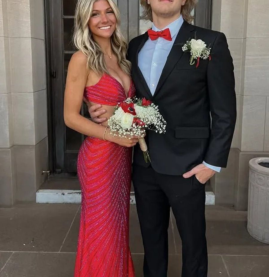 Mermaid V-Neck Cut Out Floor-Length Prom Dresses with Beadings