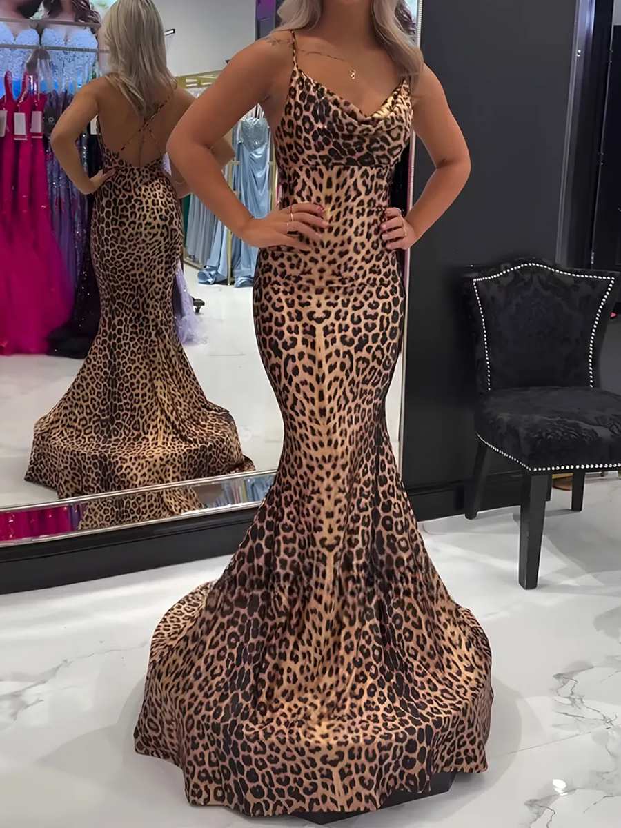 Mermaid/Trumpet Spaghetti Strap Cowl Neck Floor-Length Prom Dresses with Leopard Print