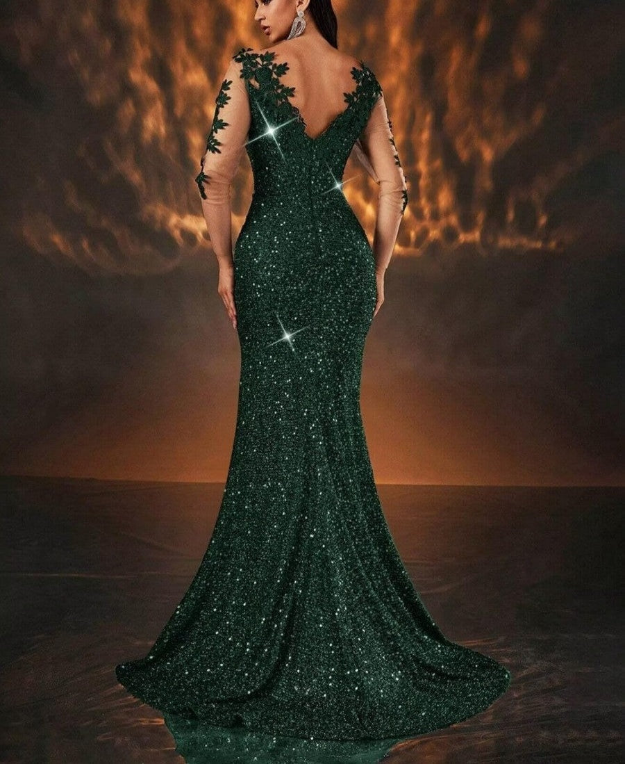 Mermaid/Trumpet Long Sleeve Glitter Floor-Length Formal Dresses with Lace Appliques