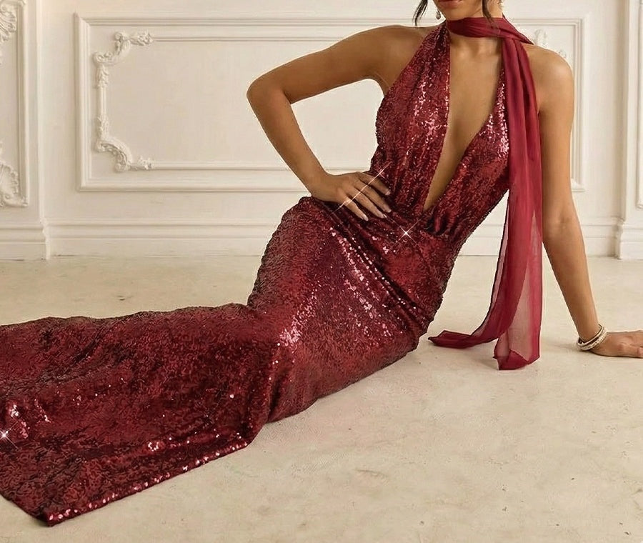 Sexy Sparkly Sheath/Column Plunging Neck Floor-Length Prom Dresses with Scarf