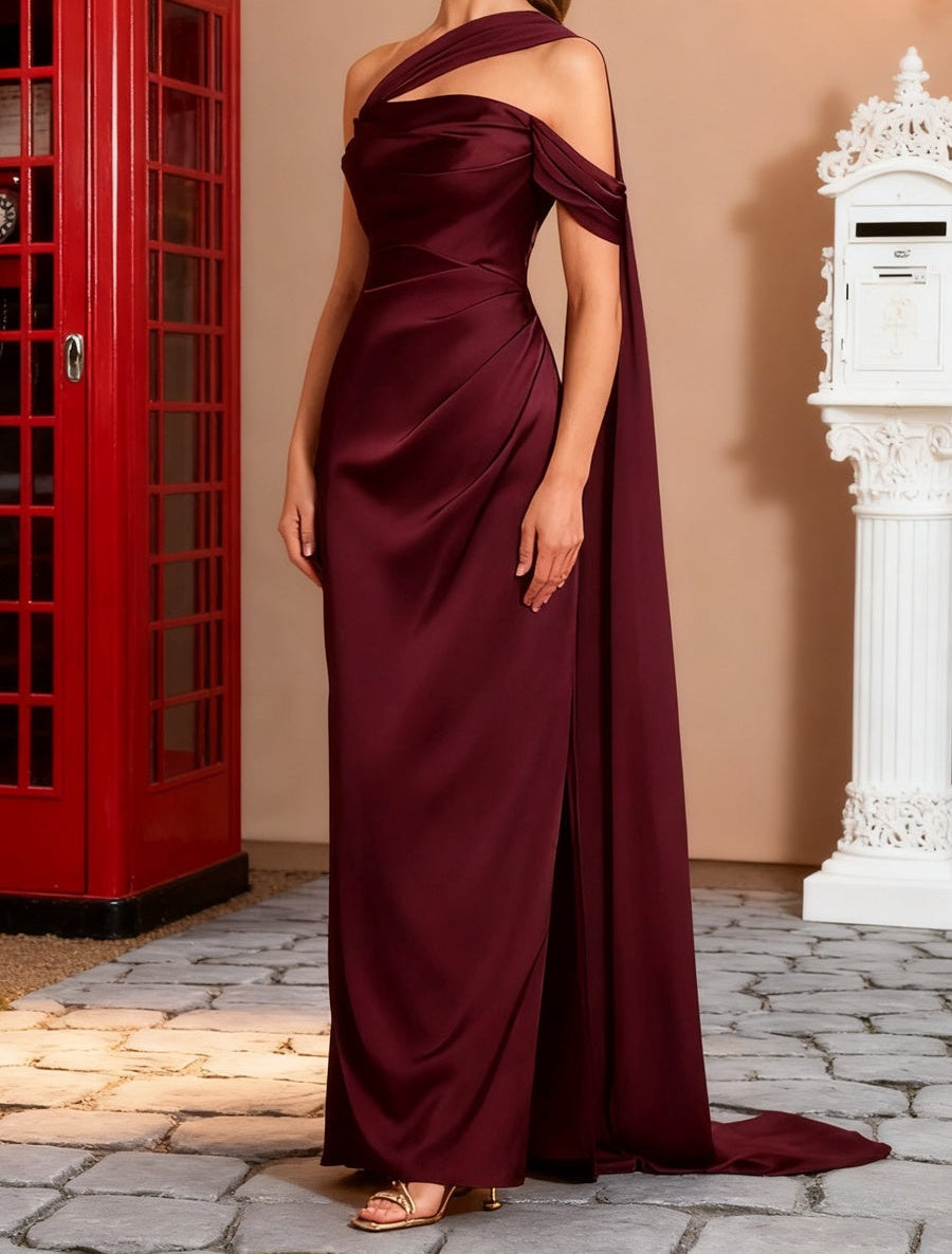 Sheath/Column Off Shoulder Asymmetrical Ruched Floor-Length Formal Dresses with Drape