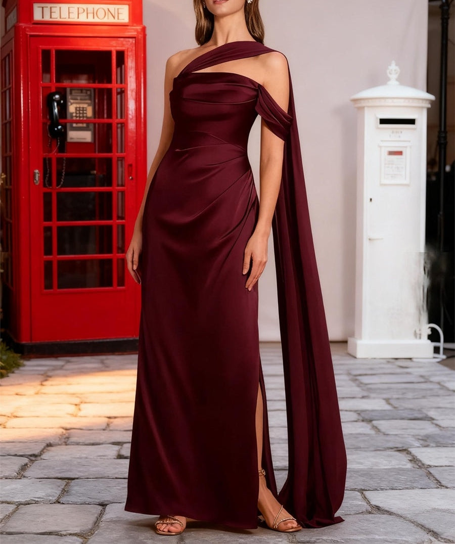 Sheath/Column Off Shoulder Asymmetrical Ruched Floor-Length Formal Dresses with Drape