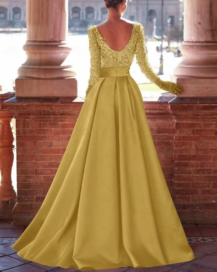 Mermaid/Trumpet Long Sleeve Sparkly Sequin Floor-Length Formal Dresses with Ruffle