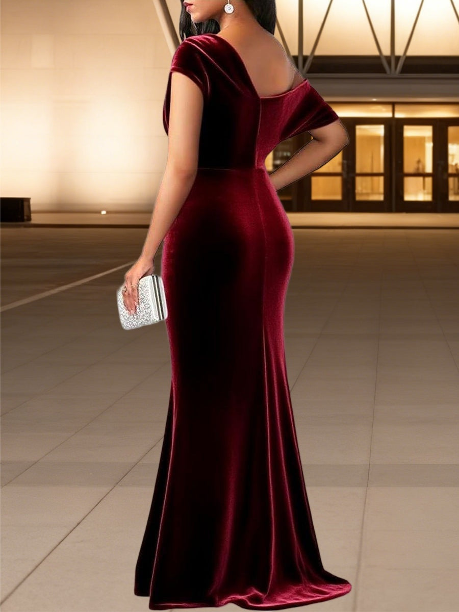 Mermaid/Trumpet Asymmetrical Ruched Velvet Floor-Length Formal Dresses