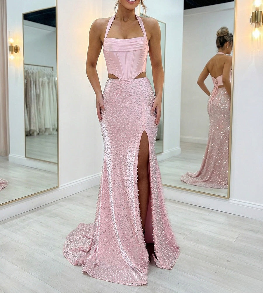 Halter Beading Satin Corset Prom Dresses Bodycon High Slit