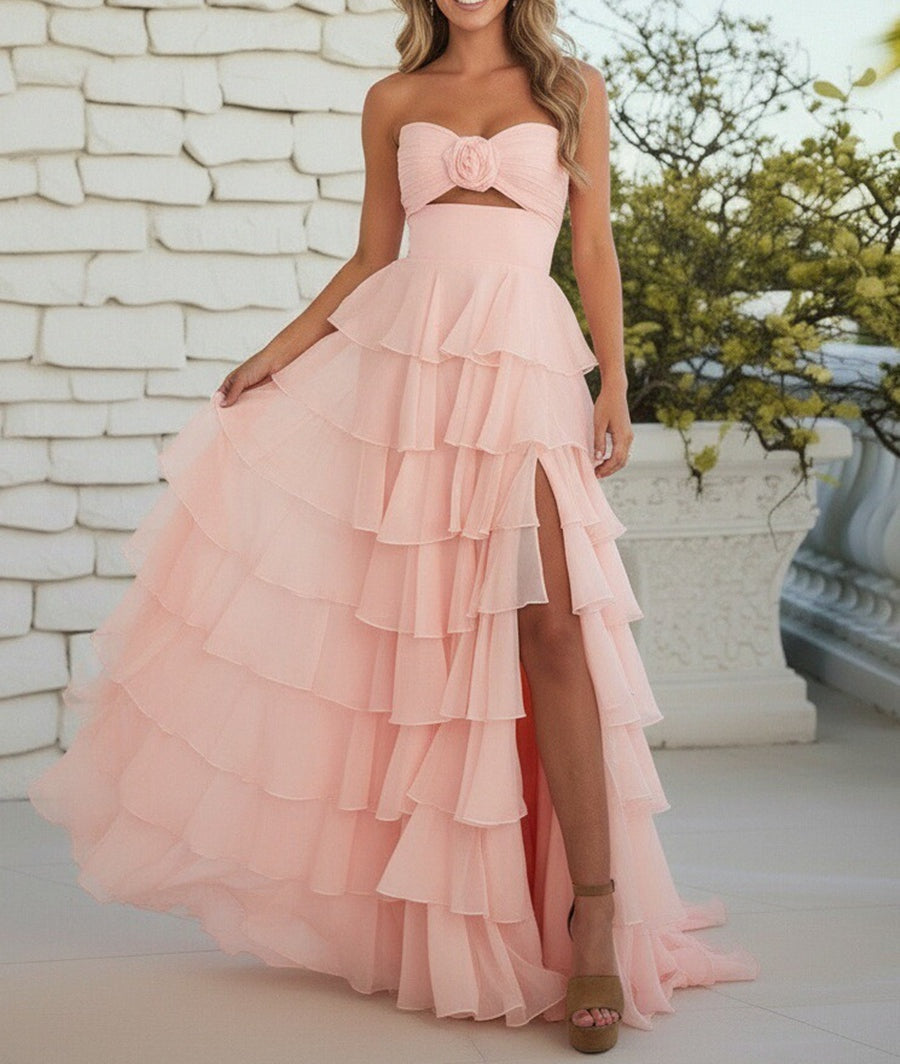 A-Line/Princess Strapless Tiered Cut-out Ruffles Prom Dresses with Flower