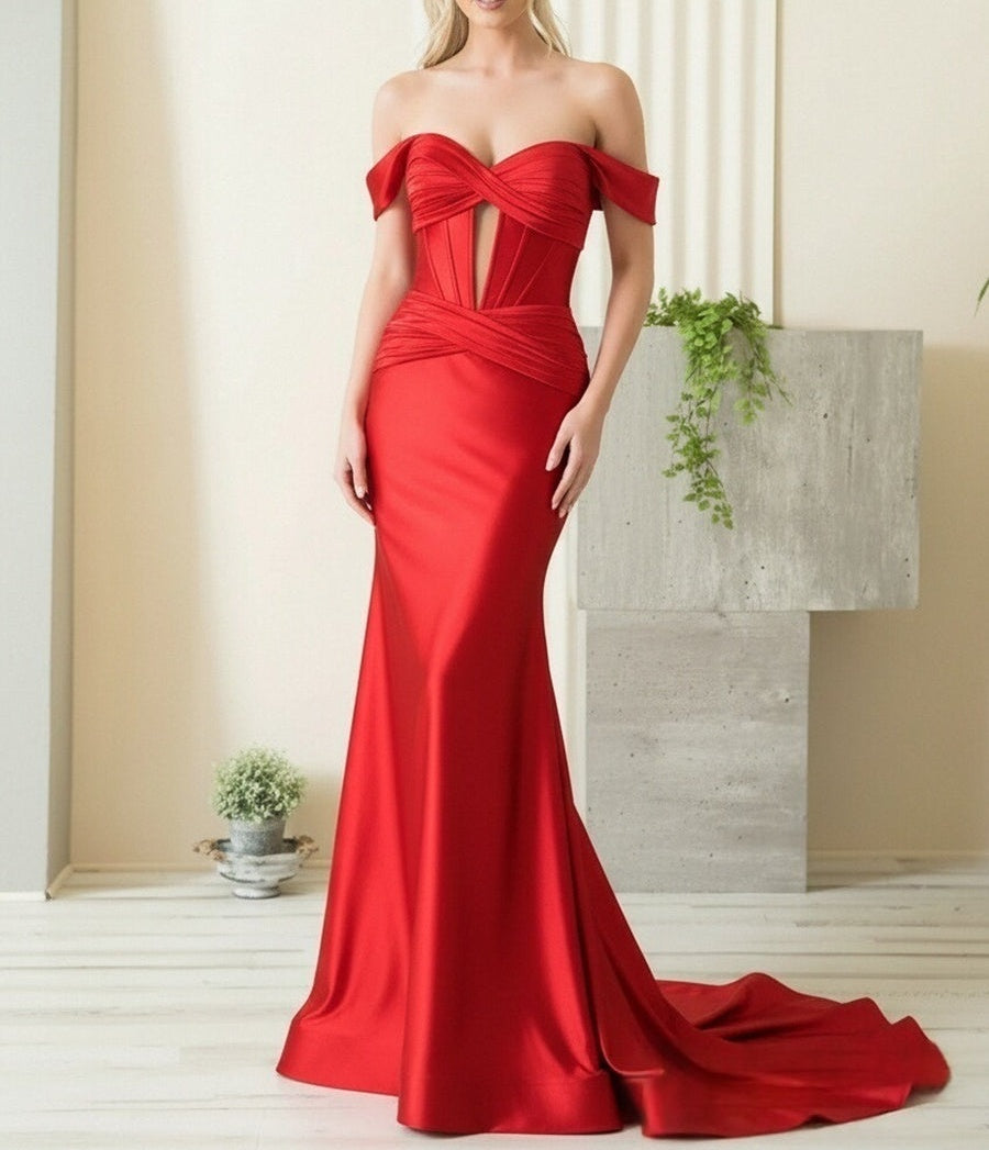 A-Line/Princess Off Shoulder Sweetheart Satin Cut-Out Floor-Length Prom Dresses