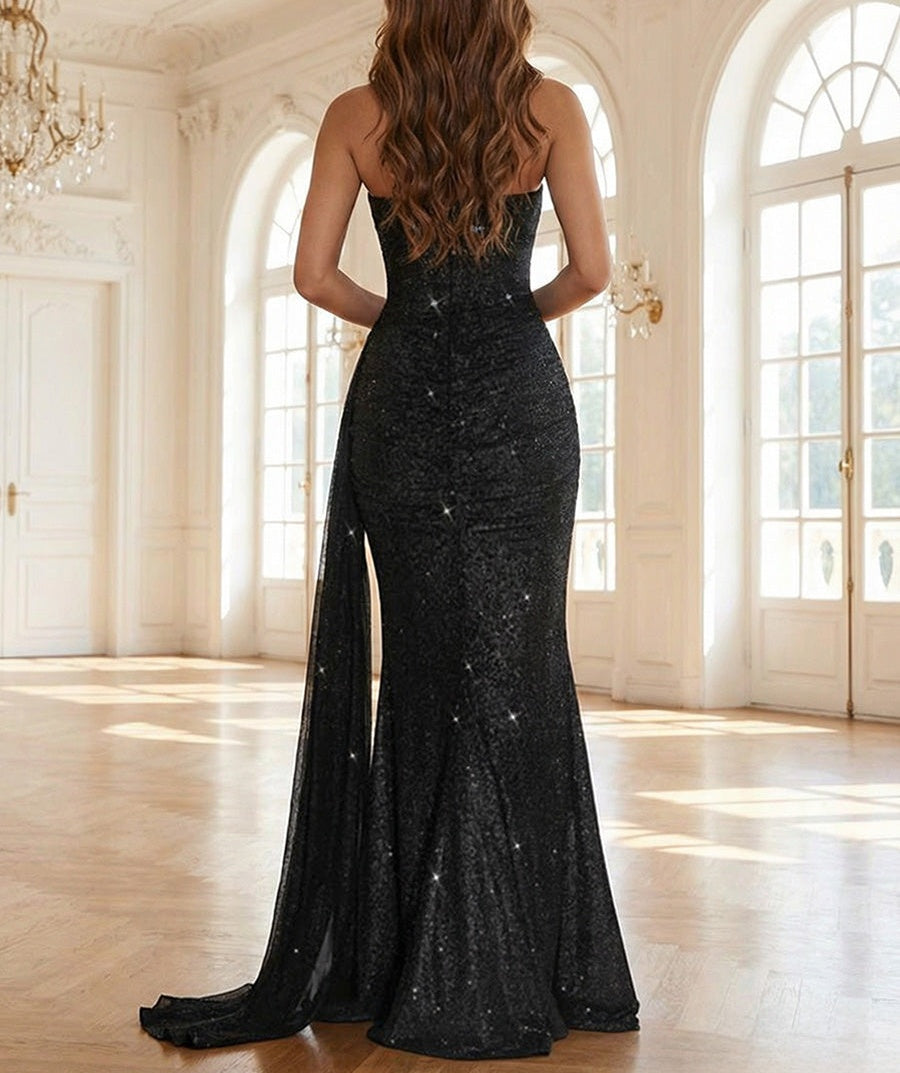 Glitter Mermaid/Trumpet V-Neck Floor-Length Prom Dresses with Scarf