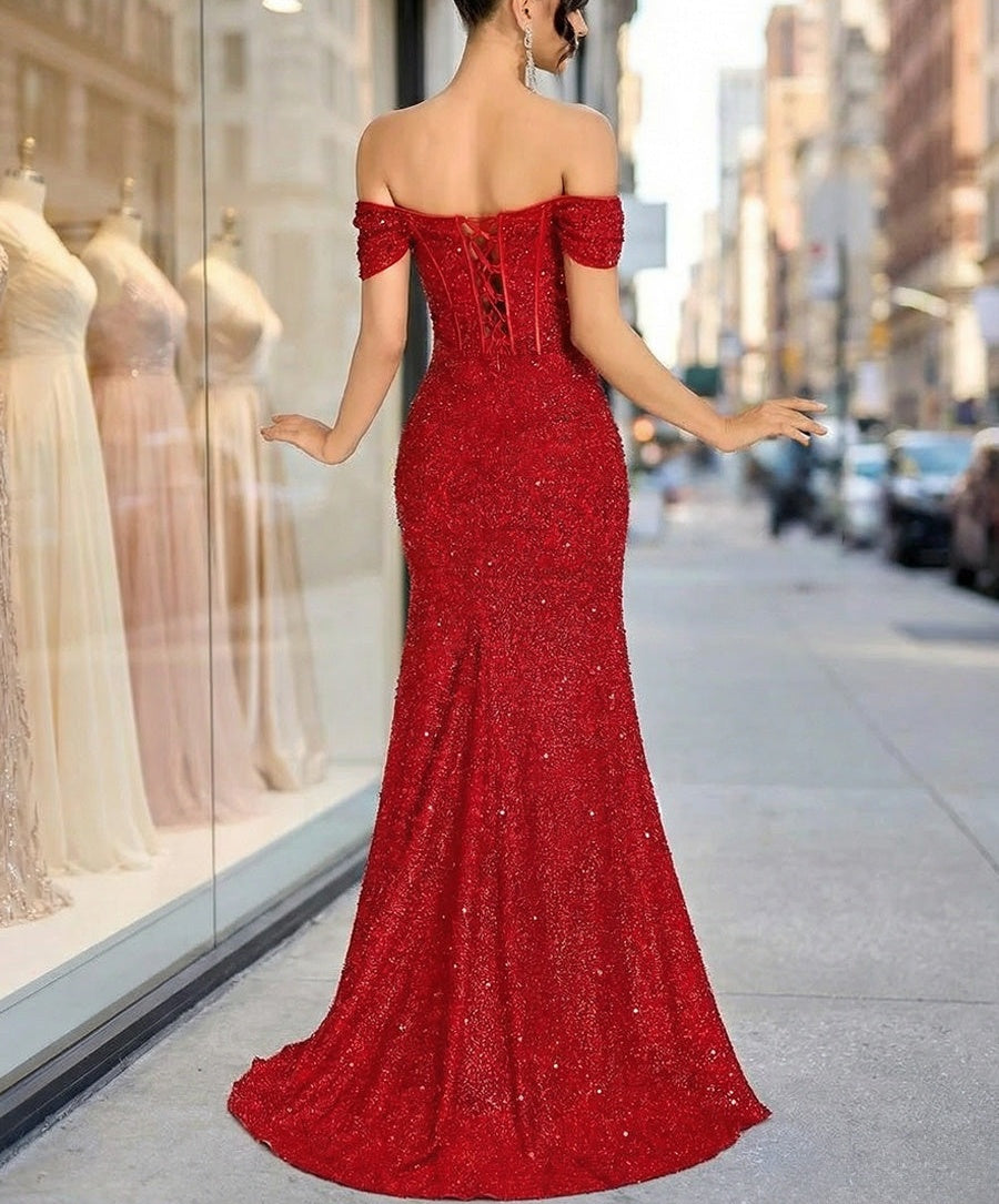 Vintage A-Line/Princess Off Shoulder Ruched Sequin Floor-Length Prom Dresses with Side Slit