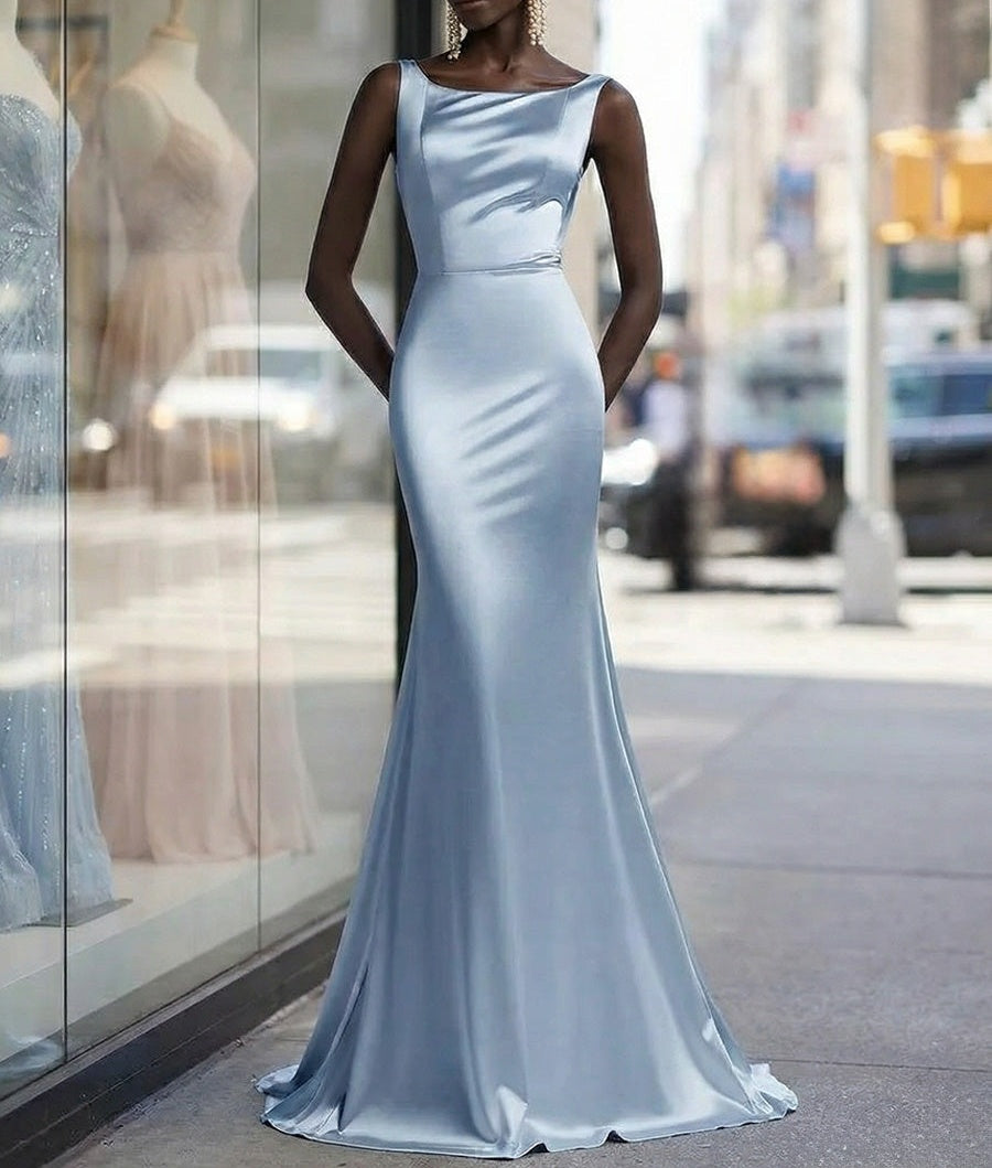 Classic Sheath/Column Scoop Neck Floor-Length Prom Dresses with Appliques