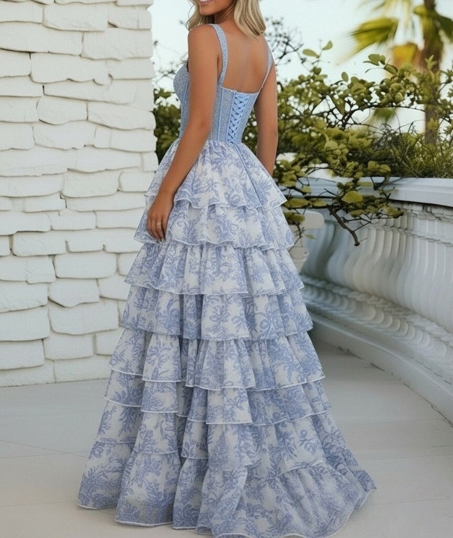A-Line/Princess Spaghetti Strap Tiered Floor-Length Prom Dresses with Print Flower