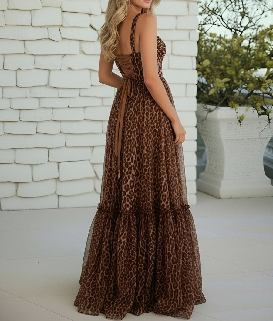 A-Line/Princess Spaghetti Strap Sweetheart Ruffles Prom Dresses with Leopard Print