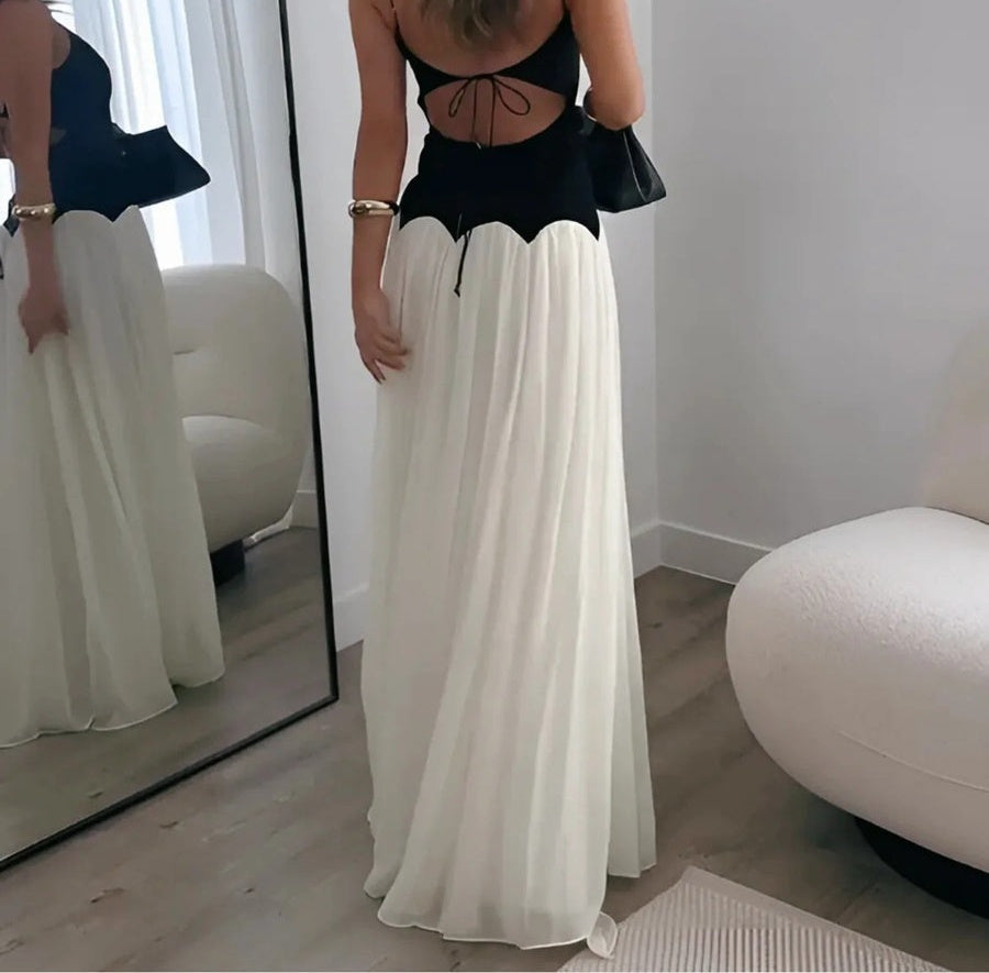 A-Line/Princess Spaghetti Strap Floor-Length Formal Dresses with Patchwork Chiffon