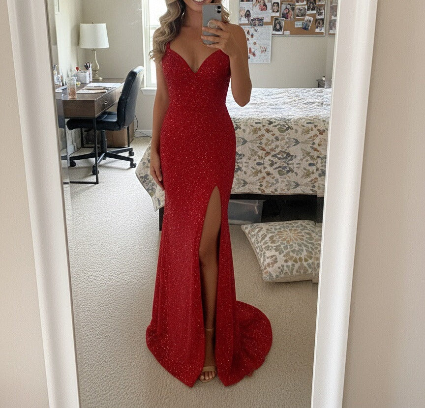 Mermaid Spaghetti Strap V-Neck Sparkly Floor Length Prom Dresses with Slit