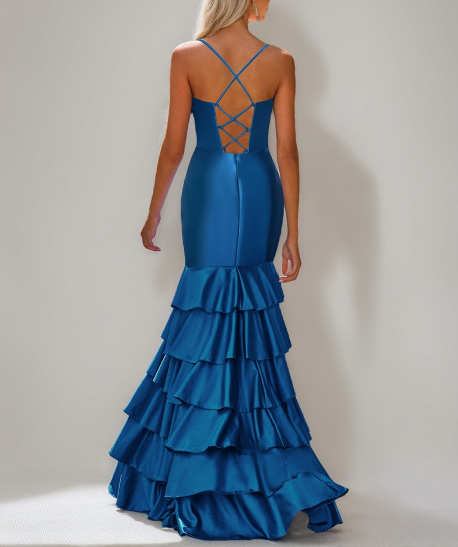 Trumpet/Mermaid Spaghetti Straps Ruched Asymmetrical Evening Dresses with Tiered Ruffles