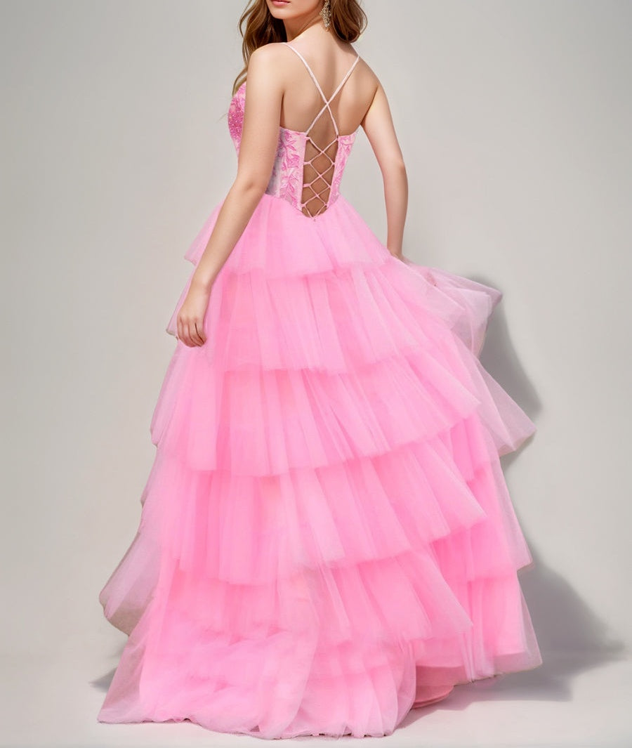 A-Line/Princess Spaghetti Straps Floor-Length Prom Dresses with Lace Appliques & Tiered Ruffles