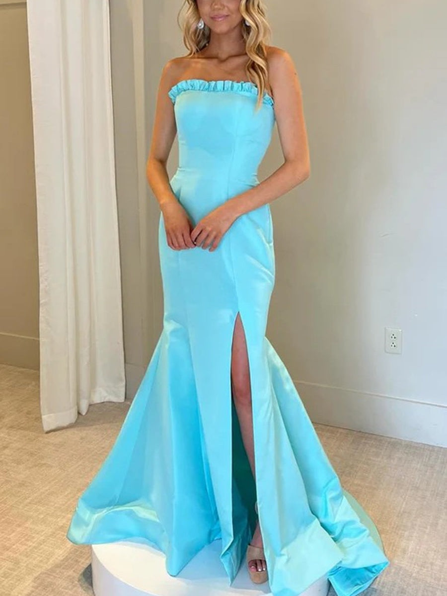 Mermaid/Trumpet Bodycon Satin Ruffle Floor-Length Prom Dresses