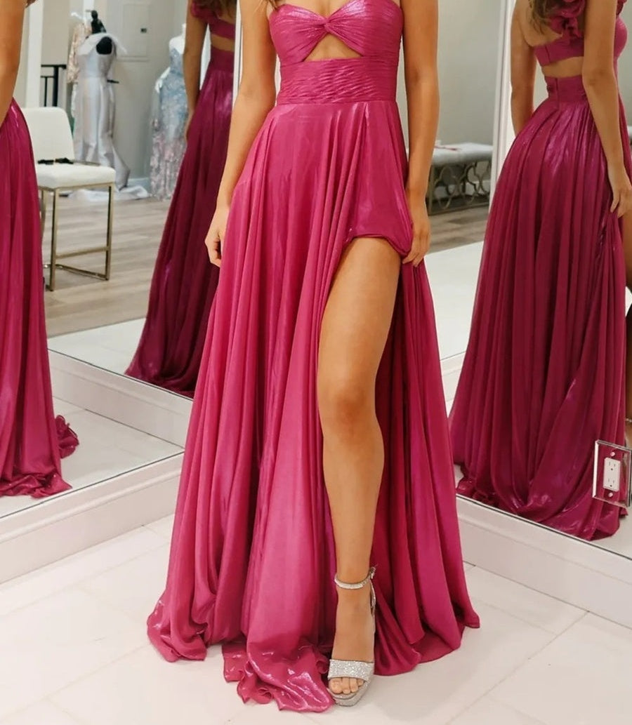 A-Line/Princess One Shoulder Keyhole Metallic Floor-Length Prom Dresses with Pleats