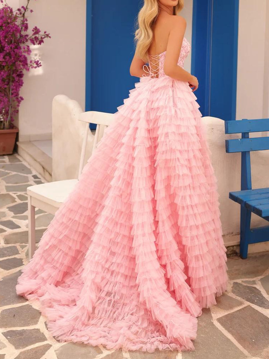 A-Line/Princess Sweetheart Cut-Out Floor-Length Prom Dresses with Tiered Ruffle
