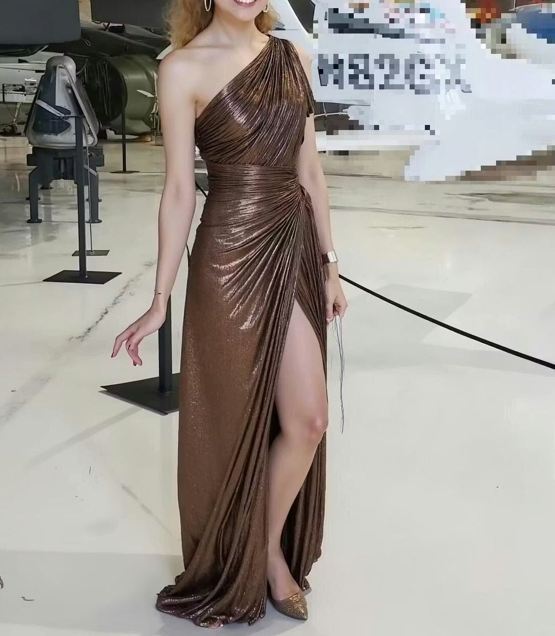 One Shoulder Ruched Metallic A-Line/Princess Long Prom Dresses with Train