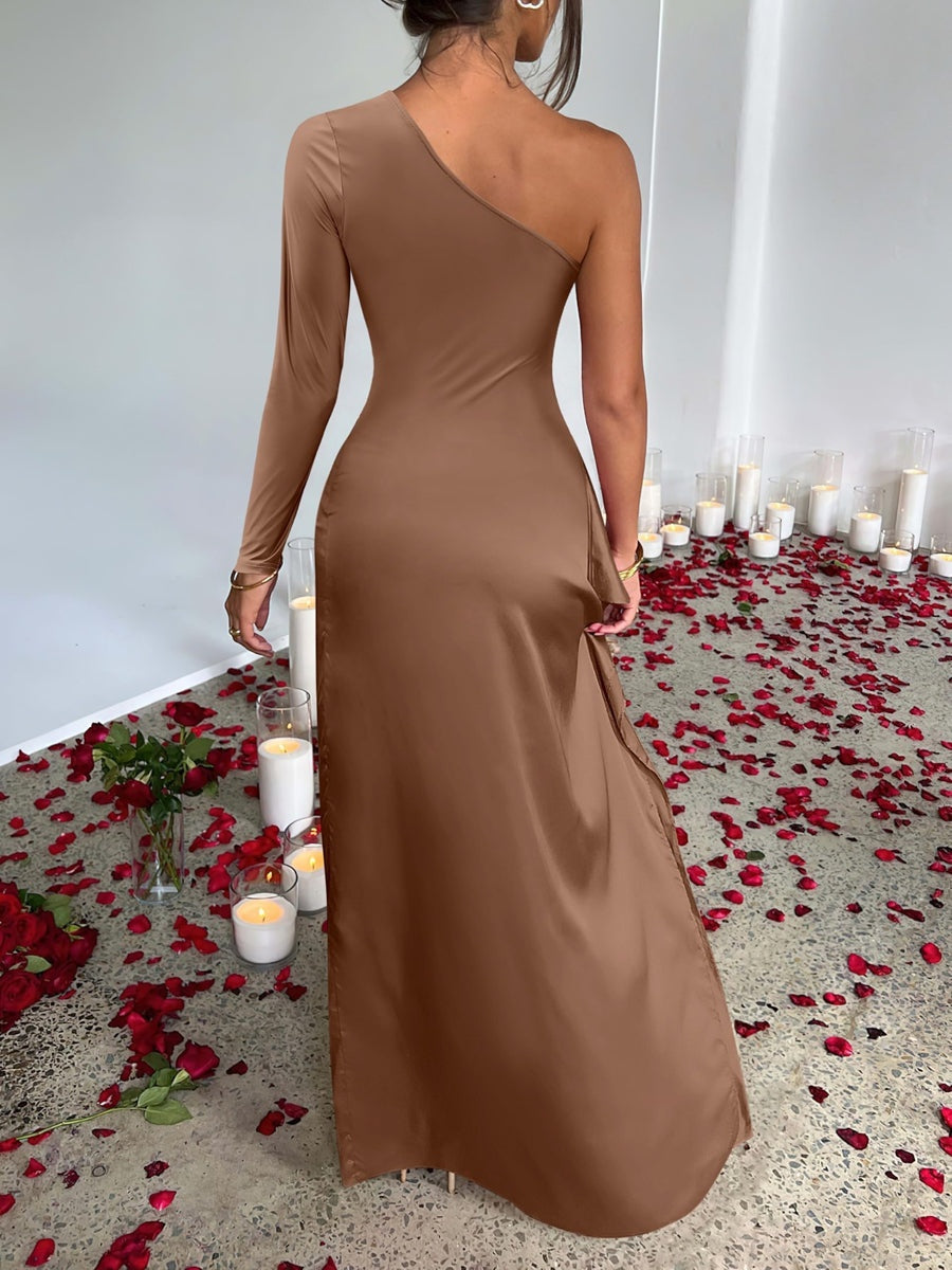 One Shoulder Ruched Satin Long Prom Dresses with Ruffle Cocktail Dresses