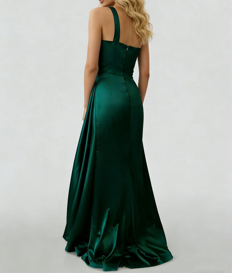 Sheath/Column One-Shoulder Sleeveless Satin Long Prom Dresses with Pleats