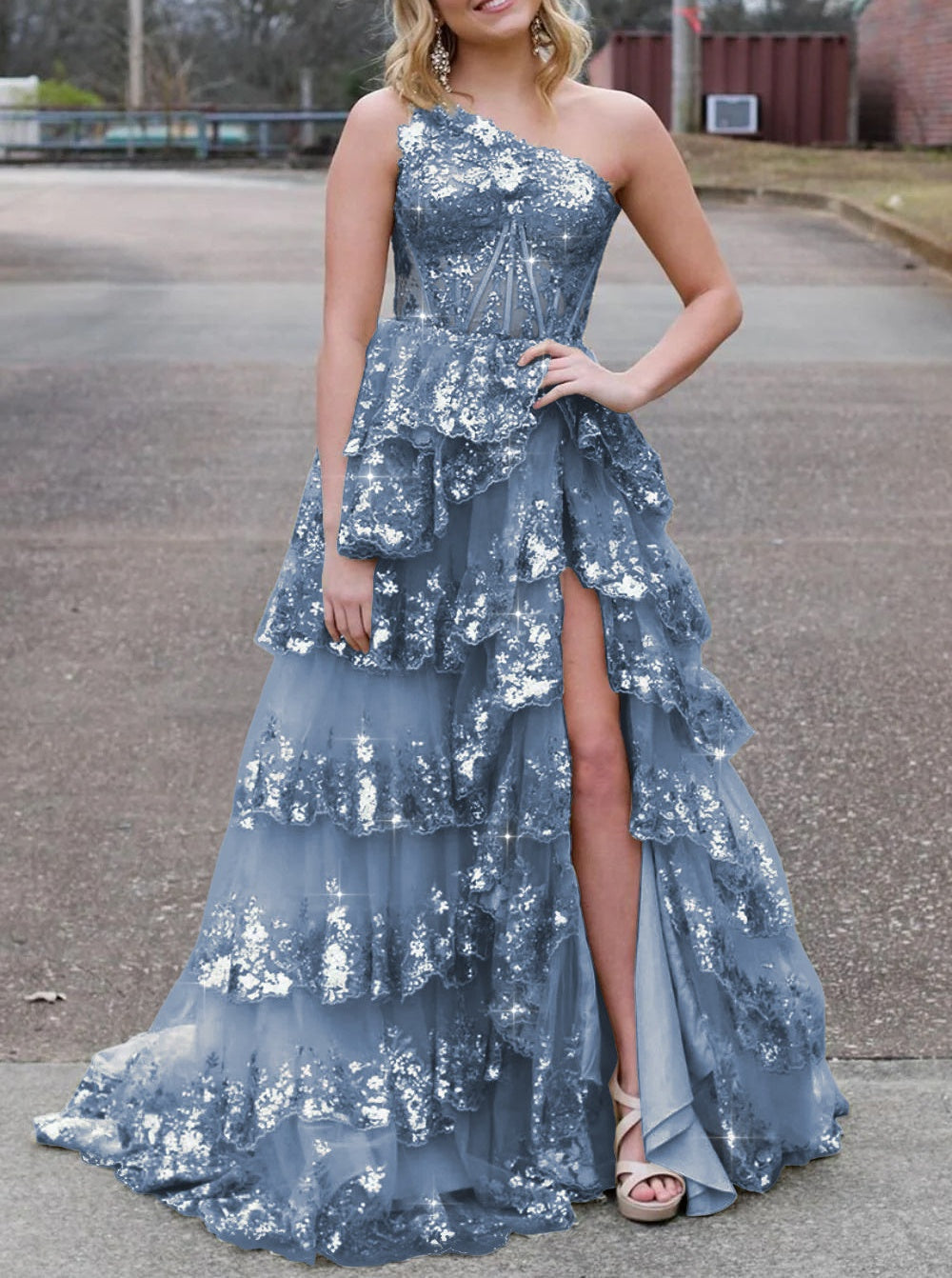 Sparkly Sequin One Shoulder Tiered Long Prom Dresses with Slit