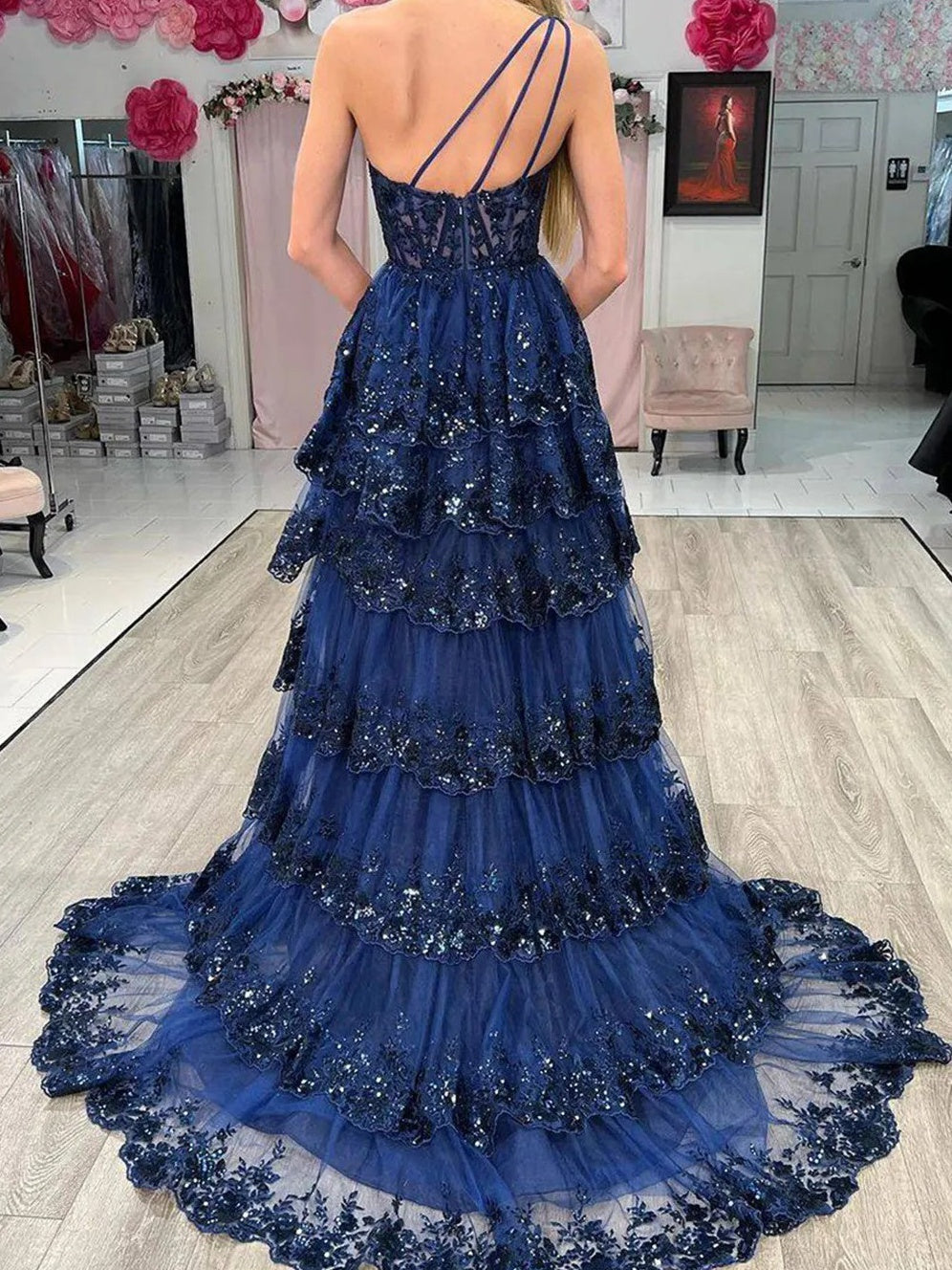 Sparkly Sequin One Shoulder Tiered Long Prom Dresses with Slit
