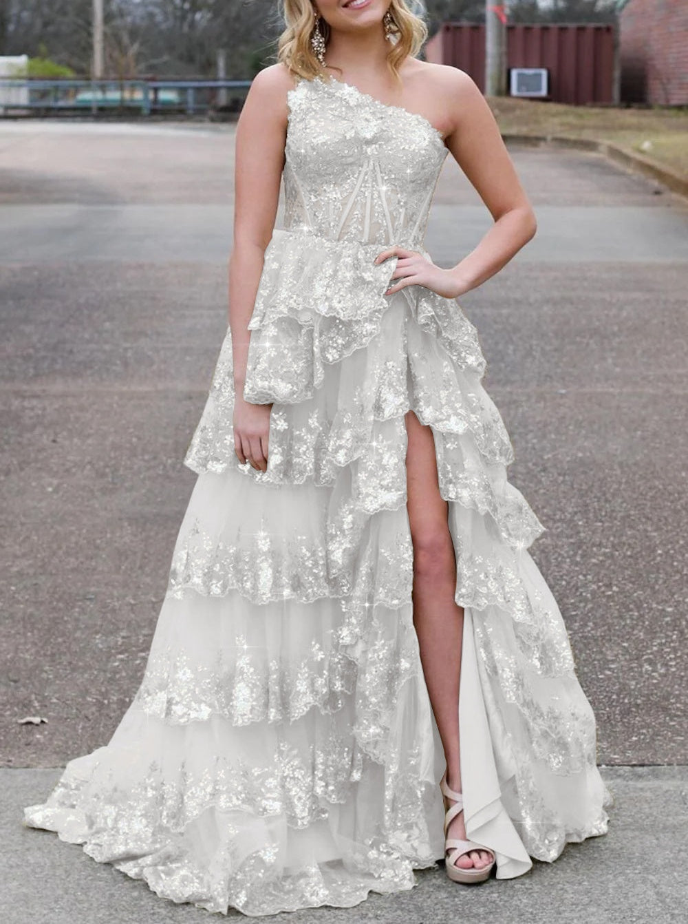 Sparkly Sequin One Shoulder Tiered Long Prom Dresses with Slit