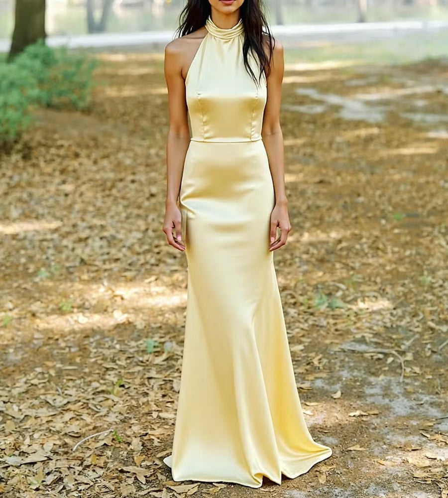 Elegant Halter Satin Long Prom Dresses with Mermaid Hem