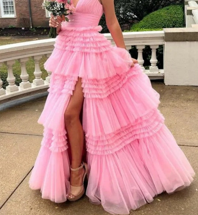 Tulle Spaghetti Strap Tiered Long Prom Dresses Ruffle Ball Gown