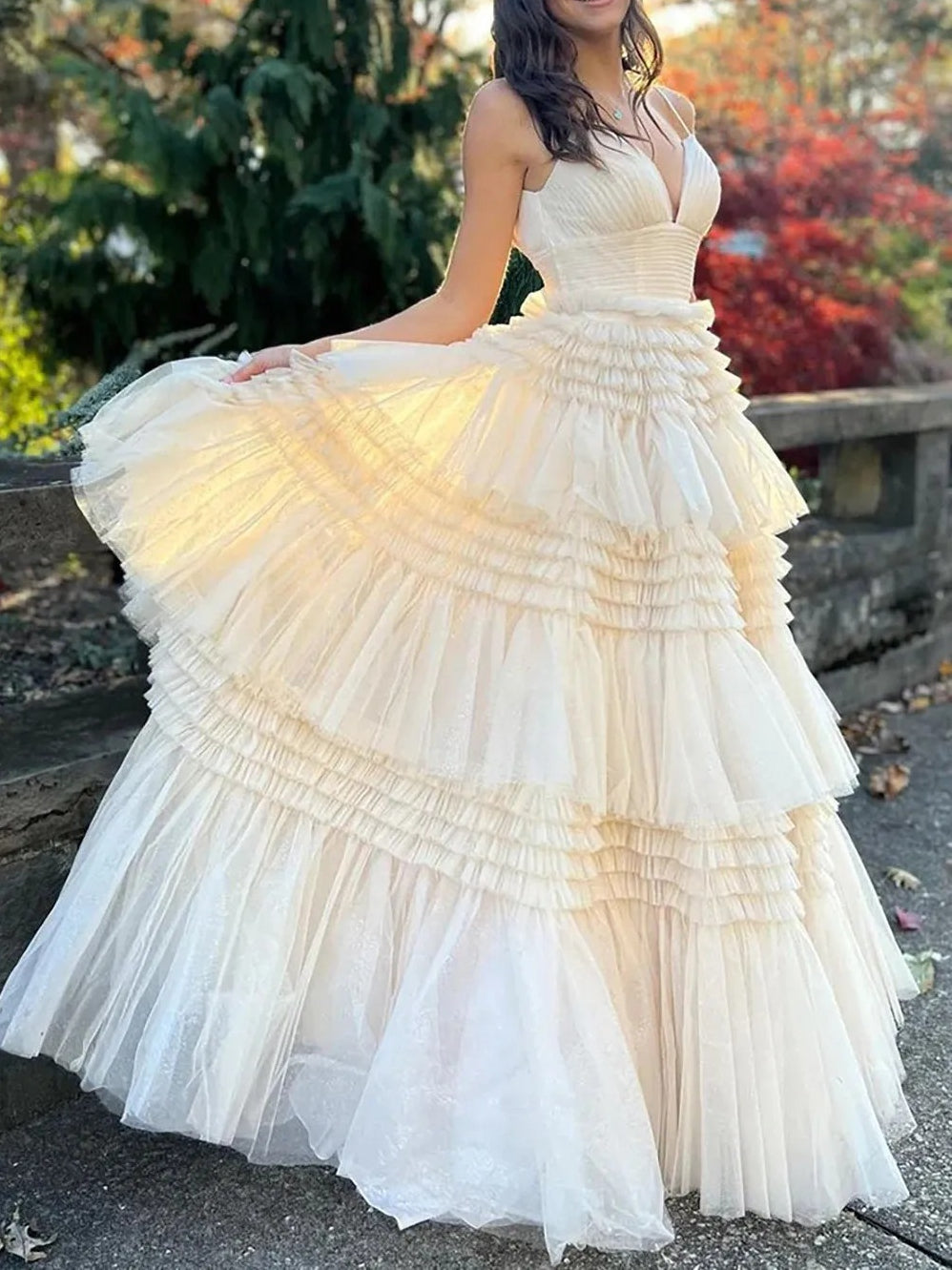 Tulle Spaghetti Strap Tiered Long Prom Dresses Ruffle Ball Gown