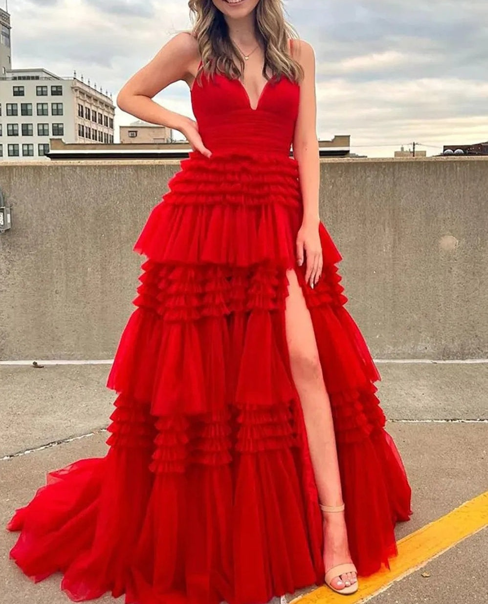 Tulle Spaghetti Strap Tiered Long Prom Dresses Ruffle Ball Gown