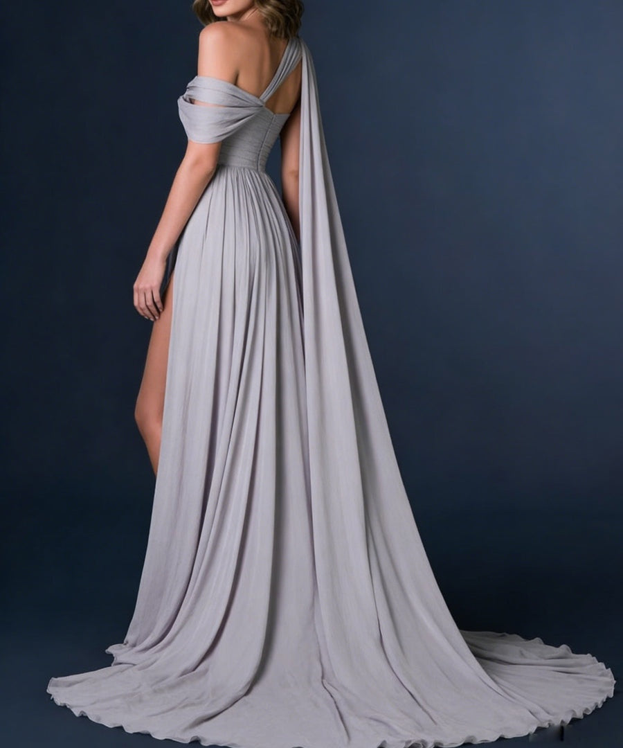 A-Line/Princess Asymmetrical Sleeveless Pleated Long Prom Dresses with Front Split