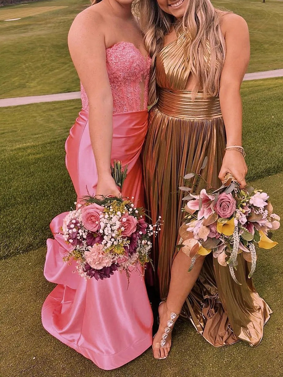 Strapless Sweetheart Patchwork Long Prom Dresses with Lace Applique