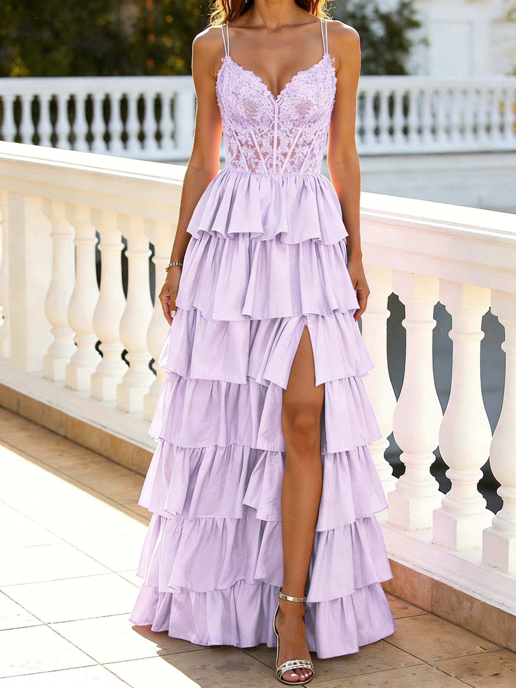 A-Line/Princess V-Neck Illusion Tiered Silk Like Satin Prom Dresses with Lace Appliques