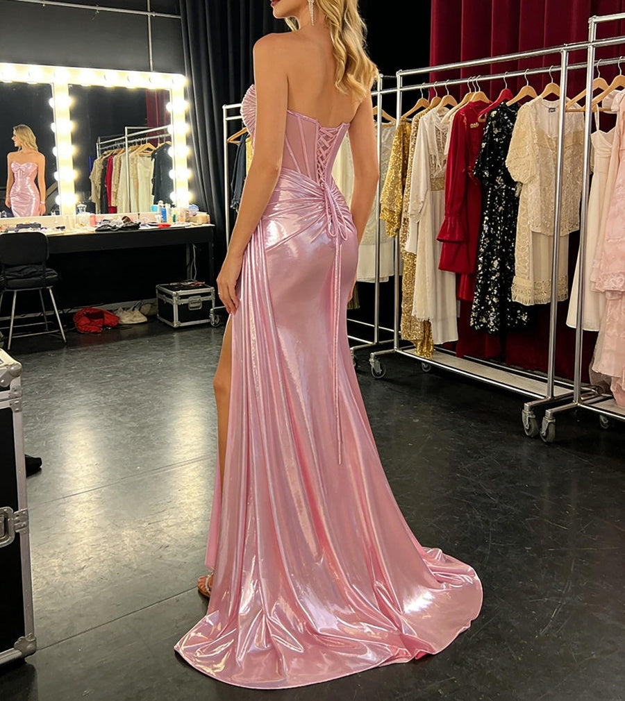 Mermaid/Trumpet Sweetheart Satin Corset Long Prom Dresses with Trail