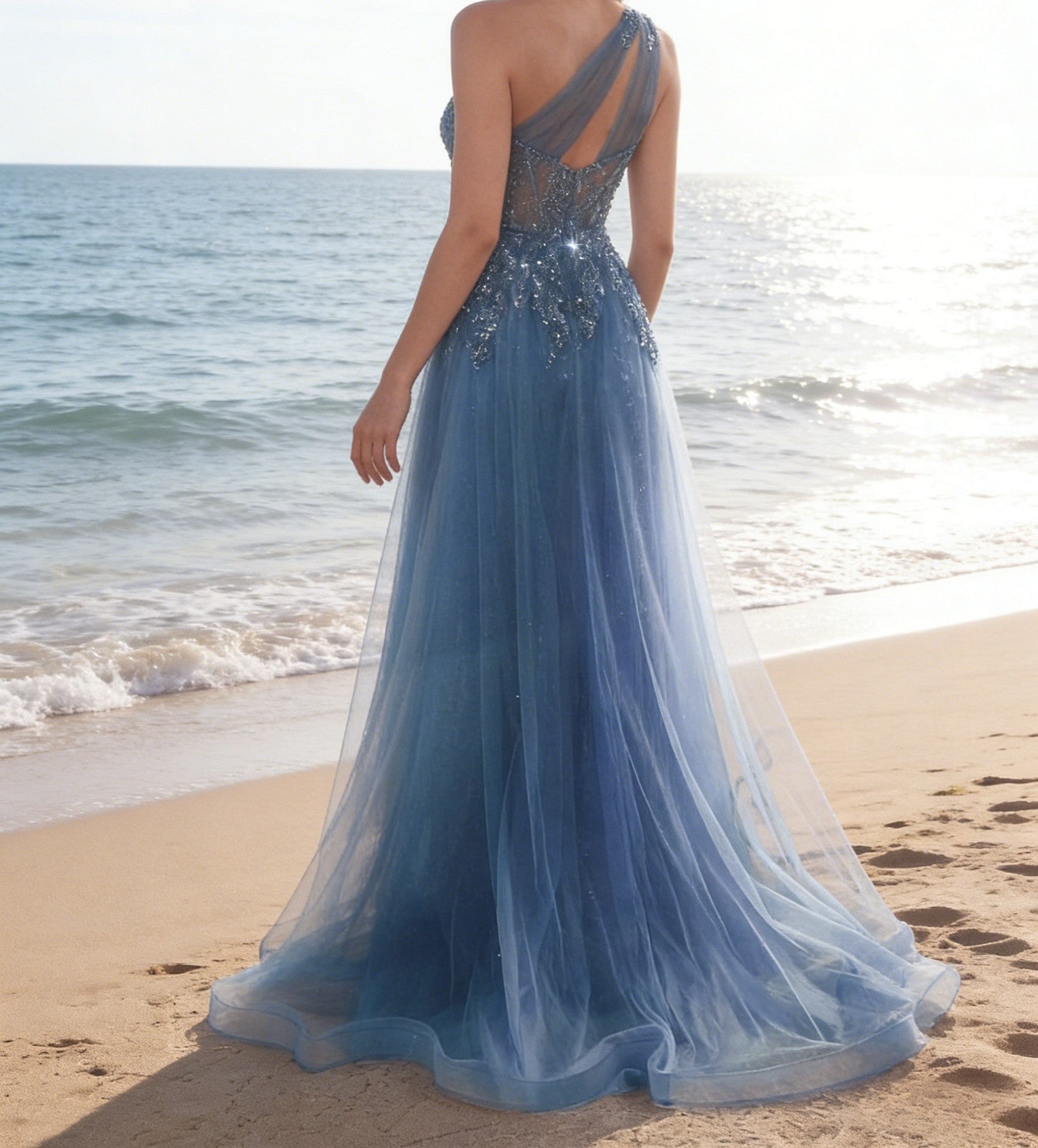Glitter One Shoulder Sweetheart Long Prom Dresses with Drape