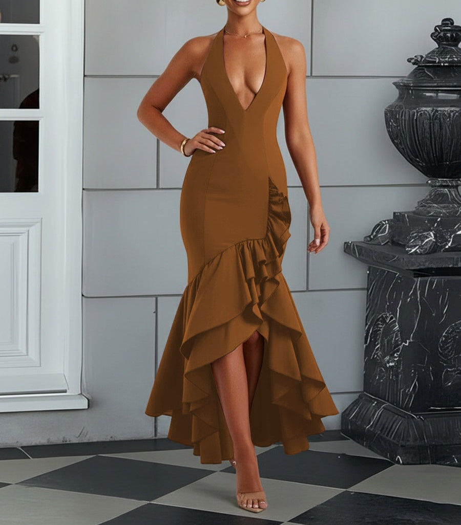 Bodycon Halter Hi-Lo Long Prom Dresses with Ruffle Slit